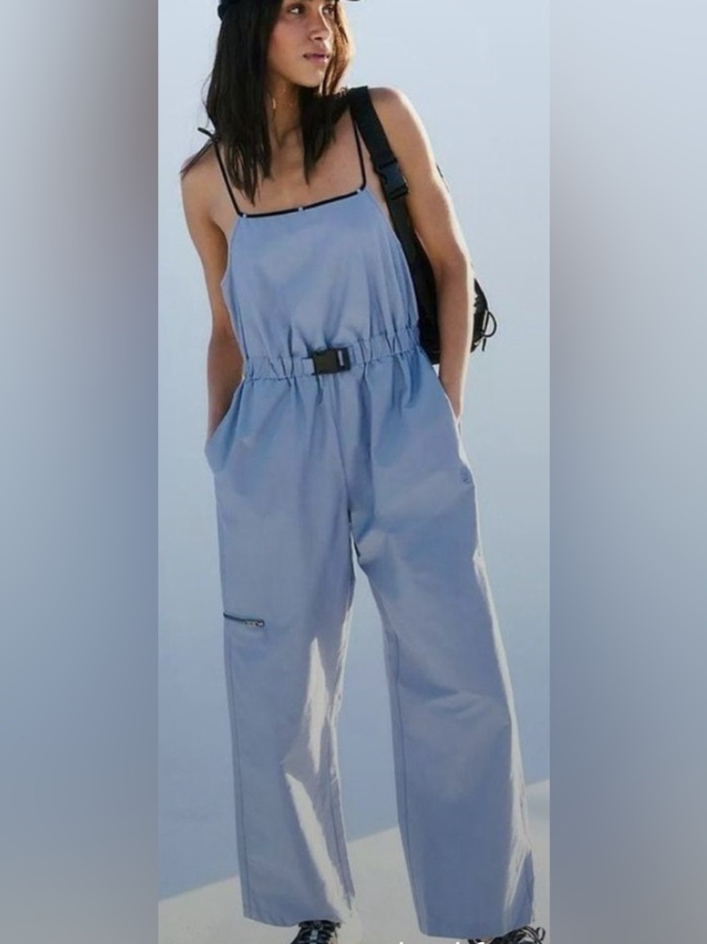 Free People Movement Star Player Blue Jumpsuit W/Cord Straps & buckle Waist M